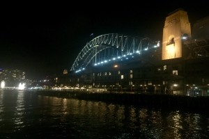 The hotel at night.